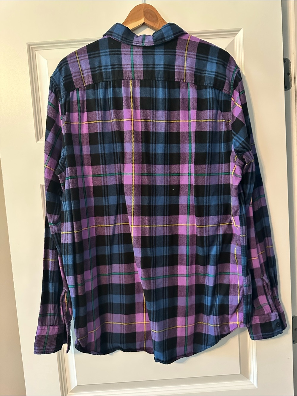 American Eagle Purple and Blue Plaid Flannel Shirt - Picture 2 of 3